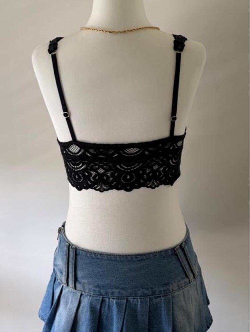 Y2K Black Lace Bralette Top • Coquette Fairy Grunge Crochet Lace Crop Tank - Picture 3 of 3